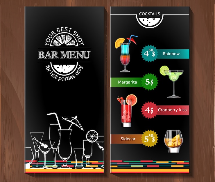 Vettore gratuito design menu per cocktail bar in stile aziendale.