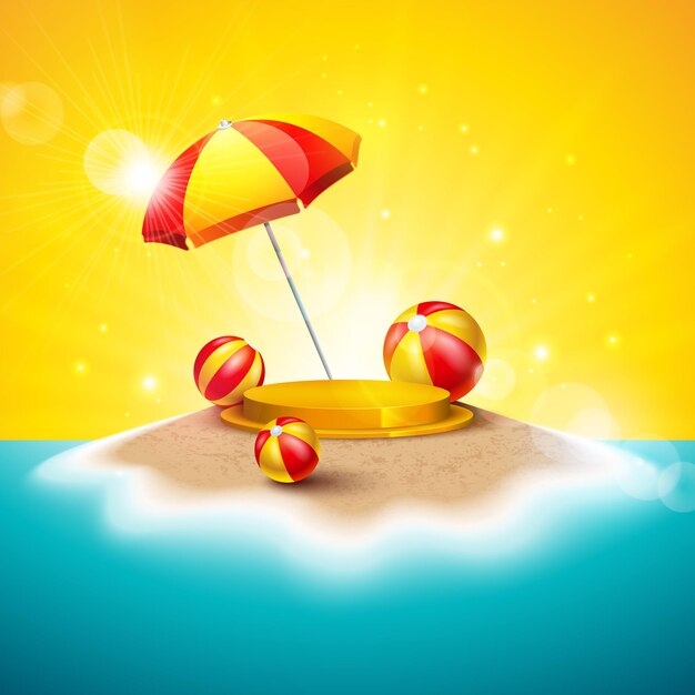 Design per la celebrazione delle vacanze estive con ombrellone da palco e pallone da spiaggia sull'isola tropicale di sabbia