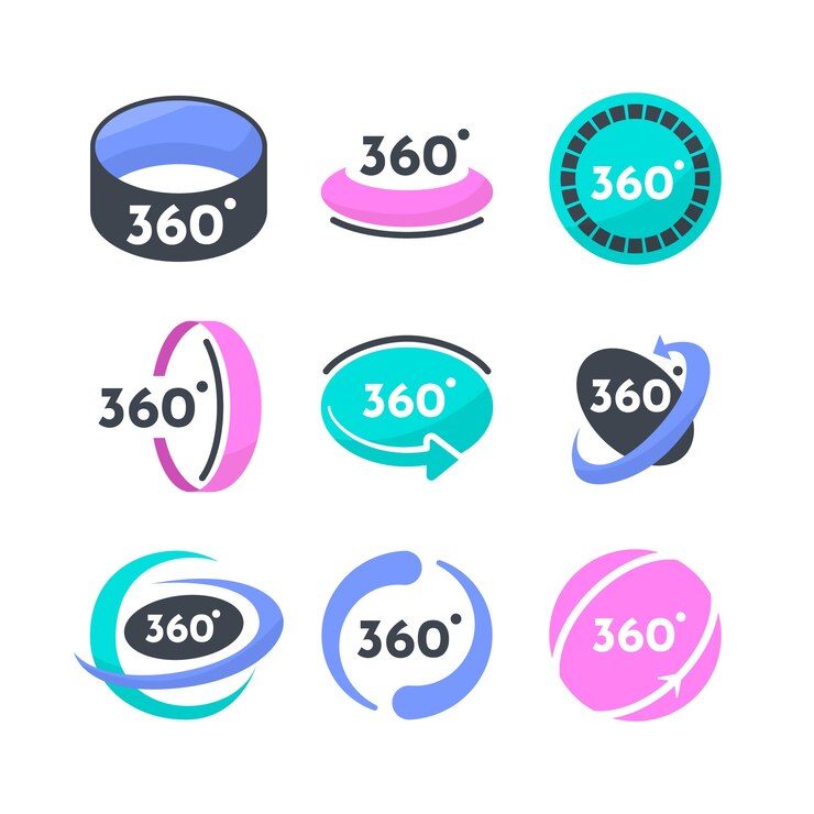 Vettore gratuito design piatto collezione di etichette a 360 gradi