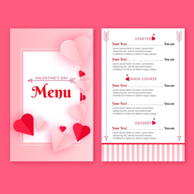 Design piatto per menu di San Valentino