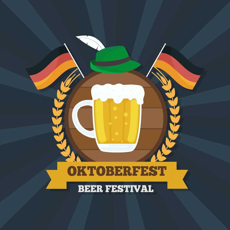 Vettore gratuito design piatto sfondo più oktoberfest con pinta e bandiere