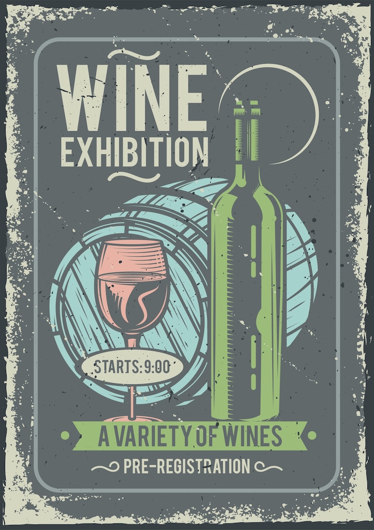 Vettore gratuito design poster pubblicitario con illustrazione di una bottiglia di vino e un bicchiere e una botte