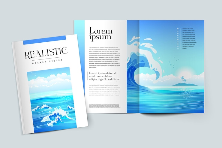 Design realistico del modello colorato della copertina di una rivista sull'illustrazione del tema marino