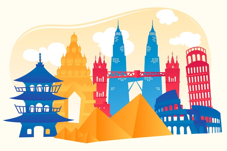 Vettore gratuito design skyline colorato punti di riferimento
