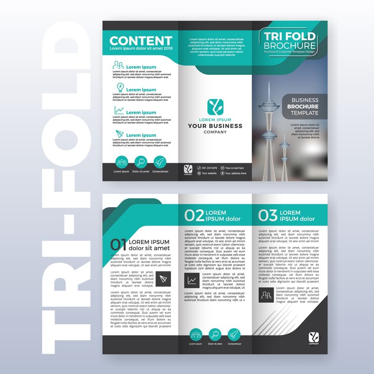 Vettore gratuito design triplice modello di brochure aziendale con schema colori turchese in formato a4 con sanguinamenti