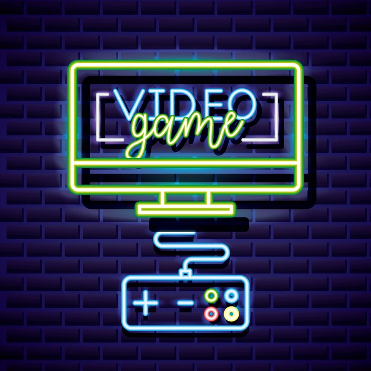 Vettore gratuito desktop e controllo, videogioco neon stile lineare
