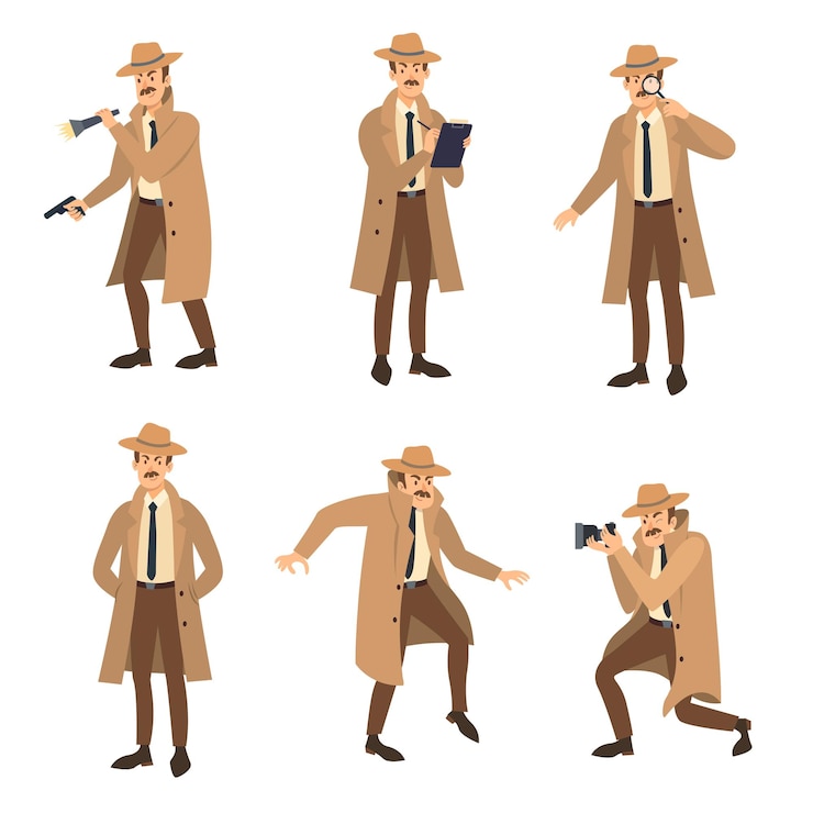 Vettore gratuito detective privato con set di illustrazioni di baffi