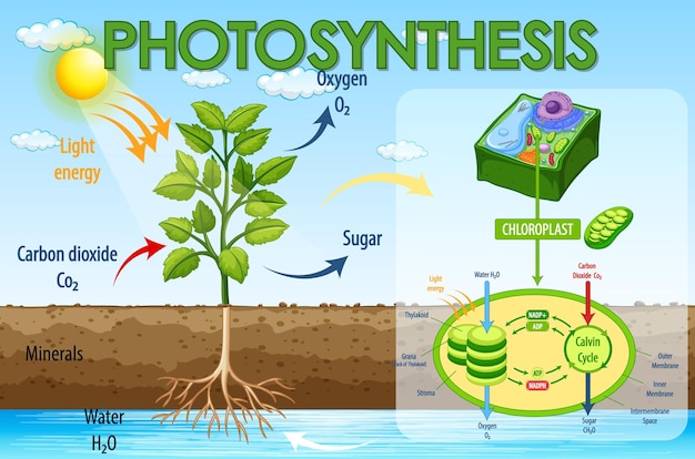 Diagramma che mostra il processo di fotosintesi nella pianta