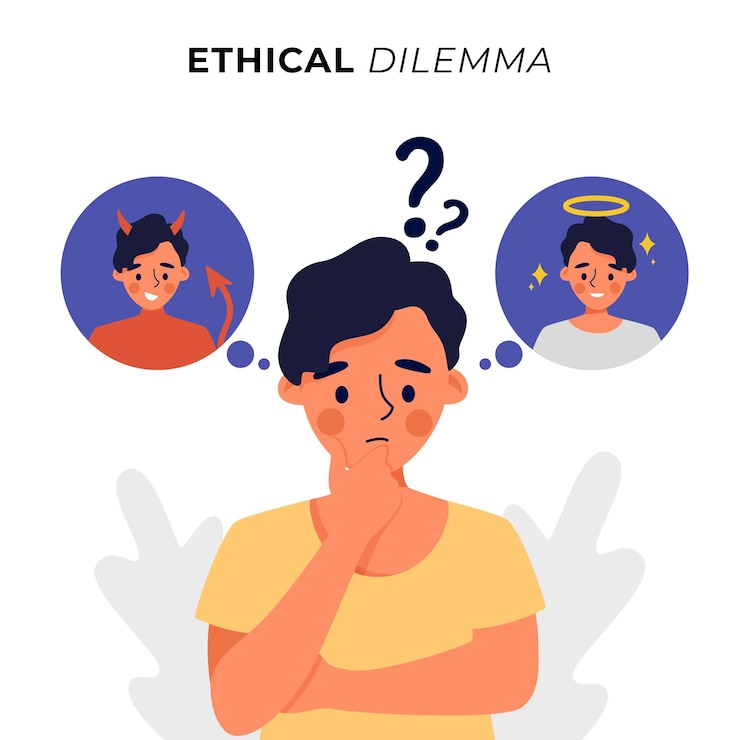 Vettore gratuito dilemma etico chiedendosi persona con angelo e demone