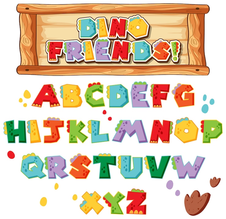 Vettore gratuito dino amici alfabeto divertente