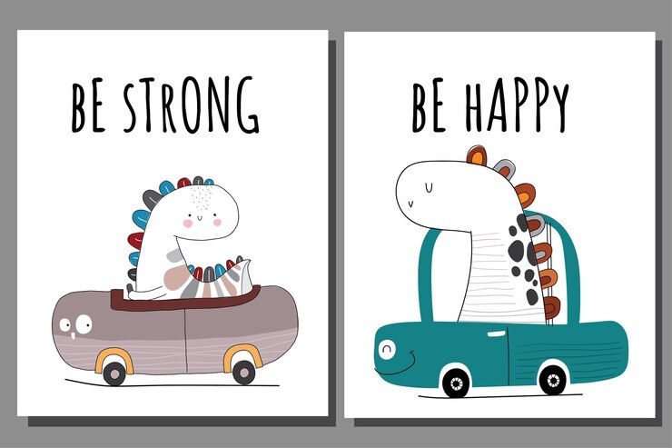 Dinosauri animali carini piatti sull'illustrazione dell'auto per i bambini. Simpatico personaggio dino