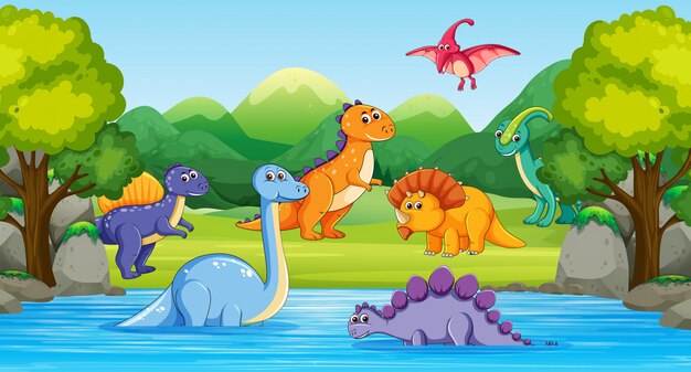 Dinosauri nella scena di legno con il fiume