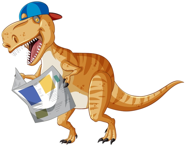 Vettore gratuito dinosauro tyrannosaurus rex che legge il giornale in stile cartone animato
