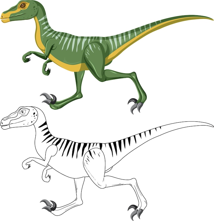 Vettore gratuito dinosauro velociraptor con il suo contorno scarabocchio su sfondo bianco