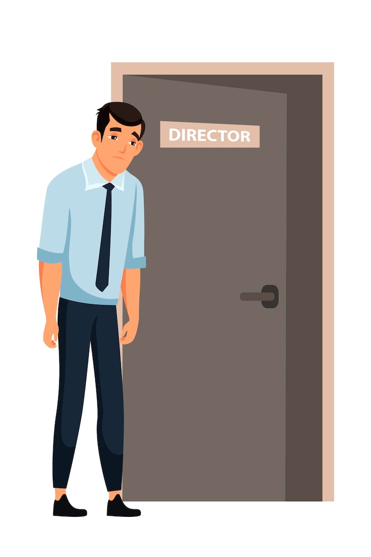 Vettore gratuito dipendente licenziato che lascia il gabinetto dell'ufficio triste uomo depresso esce alla porta del direttore la pressione nel posto di lavoro dell'ufficio problemi di disoccupazione concetto di riduzione del lavoro di disoccupazione