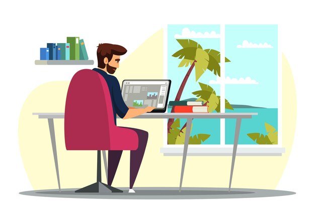 Dipendente remoto che lavora a casa, l'uomo dell'ufficio si siede alla scrivania del computer alla vista della finestra del resort sul mare