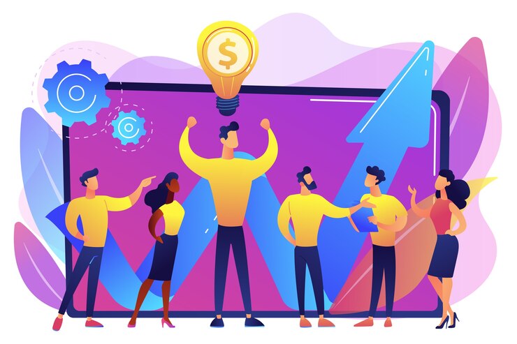Vettore gratuito dipendenti dell'azienda e leader che hanno un'idea redditizia di successo. capitale intellettuale, risorse umane dell'azienda, concetto di fonti di guadagno.