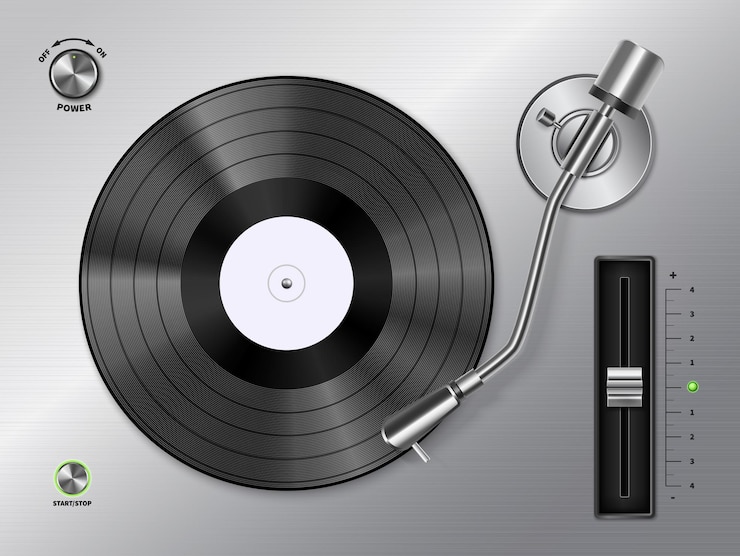 Vettore gratuito disco in vinile che gioca su un'immagine retrò bianca nera realistica del primo piano del giradischi