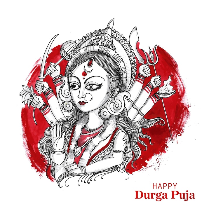 Vettore gratuito disegnare a mano felice durga puja festival indiano vacanza schizzo sfondo