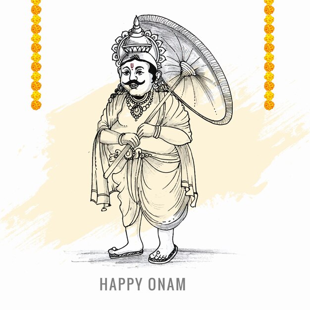 Disegnare a mano il festival di onam felice dell'india del sud sul disegno di schizzo di vacanza della carta