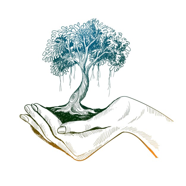 Disegnare a mano ragazze che tengono il disegno dello schizzo della terra dell'albero