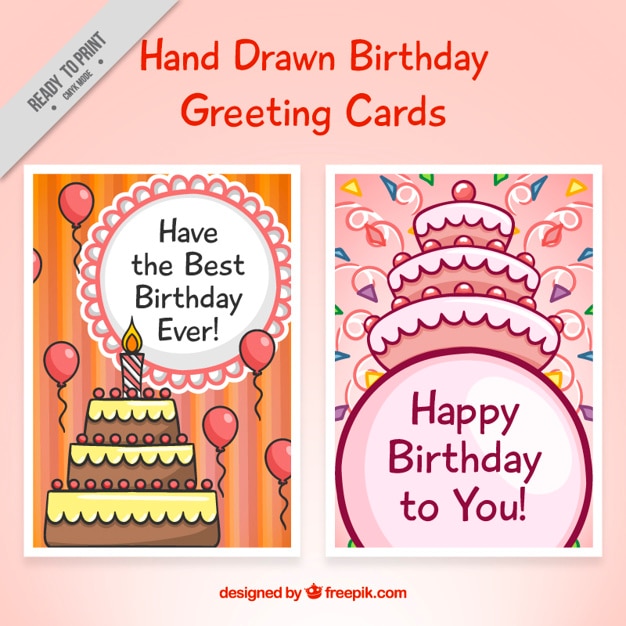 Vettore gratuito disegnati a mano biglietti di auguri di compleanno con torte