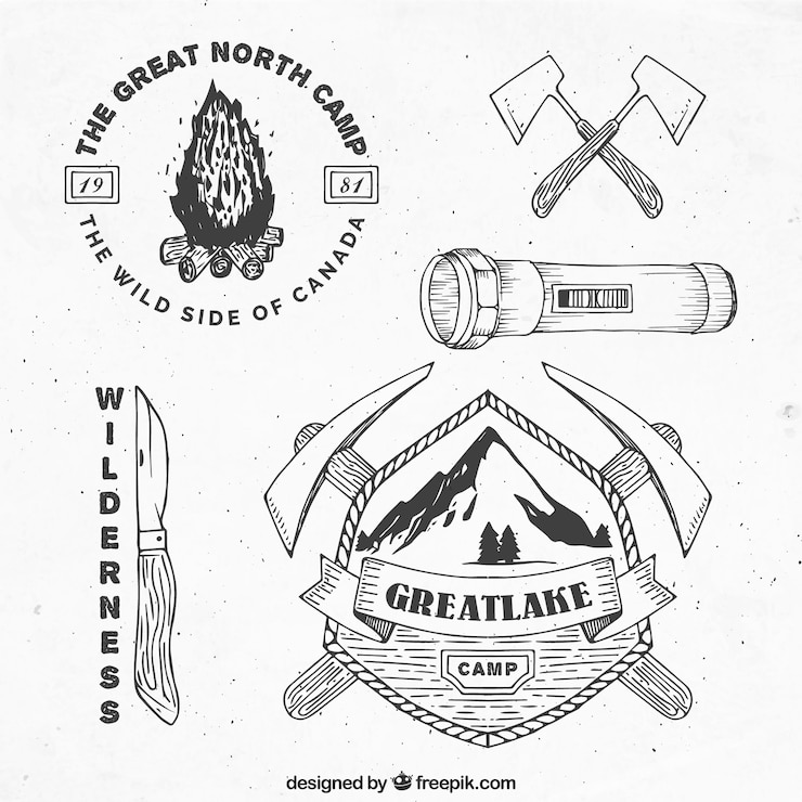 Vettore gratuito disegnati a mano emblemi di avventura ed elementi