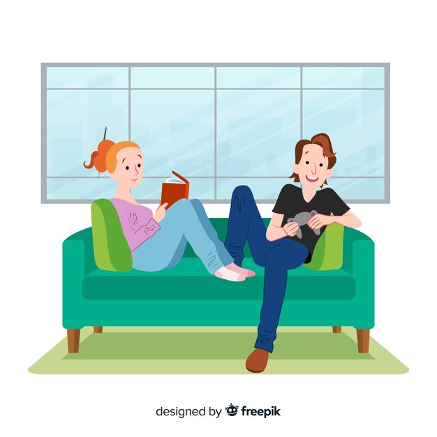Disegnati a mano i giovani sul divano