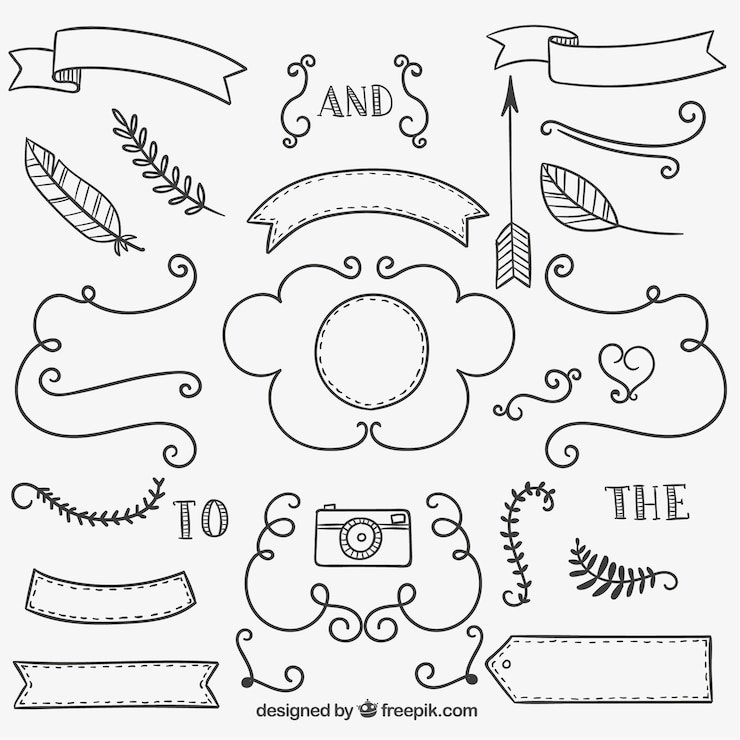 Vettore gratuito disegnati a mano nastri, ornamenti e decorazioni