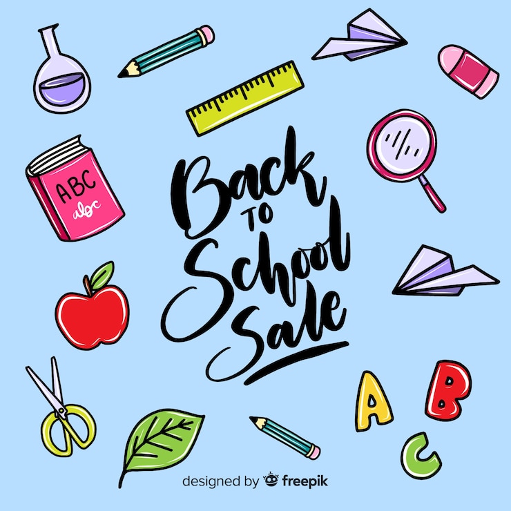 Vettore gratuito disegnato a mano allo sfondo delle vendite scolastiche