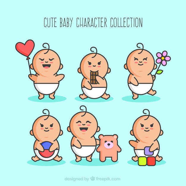 Disegnato a mano collezione personaggio bello del bambino con gli oggetti