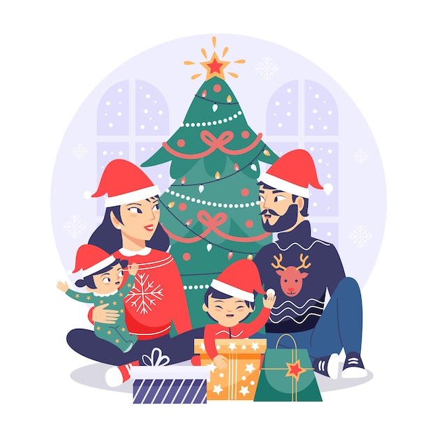 Disegnato a mano di concetto della scena familiare di Natale