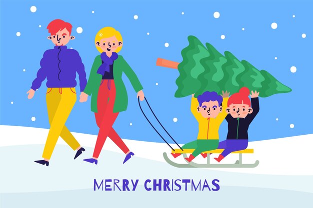 Disegnato a mano di concetto della scena familiare di Natale