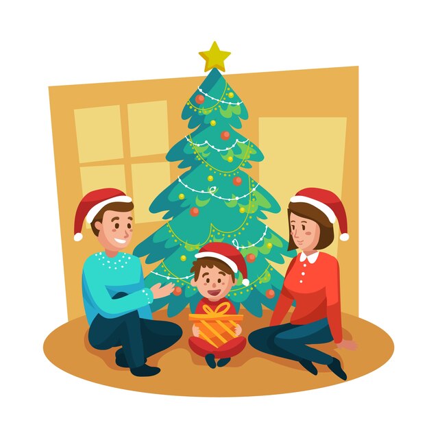 Disegnato a mano di concetto della scena familiare di Natale