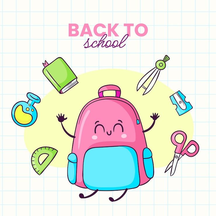 Vettore gratuito disegnato a mano di nuovo all'illustrazione della scuola con materiale scolastico
