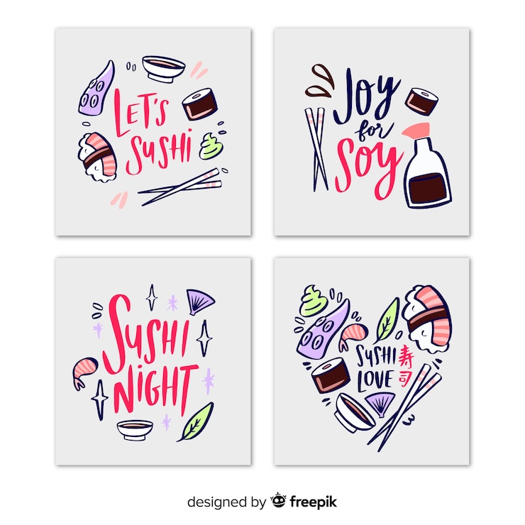 Vettore gratuito disegnato a mano e lettering collezione di carte di cibo