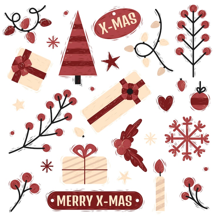 Vettore gratuito disegnato a mano natale elements collection