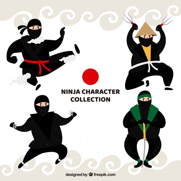 Disegnato a mano personaggio ninja in diverse pose