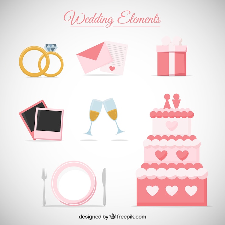 Vettore gratuito disegnato carino matrimonio collezione di accessori a mano