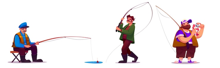 Vettore gratuito disegni animati di pescatori con uomini con canne da pesca