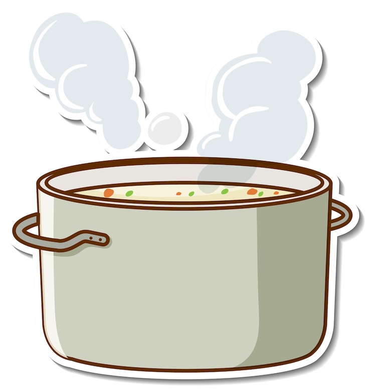 Vettore gratuito disegno adesivo con zuppa bollita in una pentola isolata