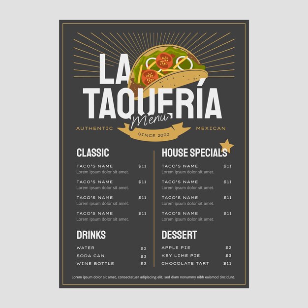 Disegno del menu di taqueria disegnato a mano