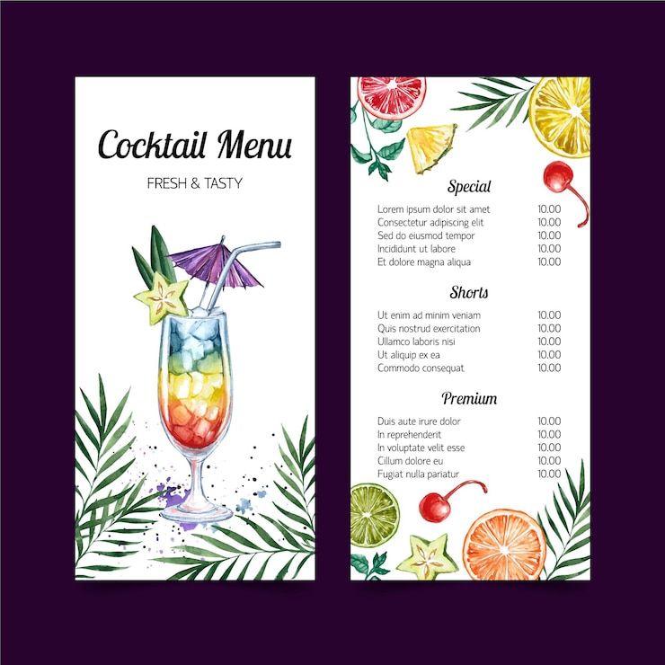 Vettore gratuito disegno del modello dell'acquerello del menu di cocktail