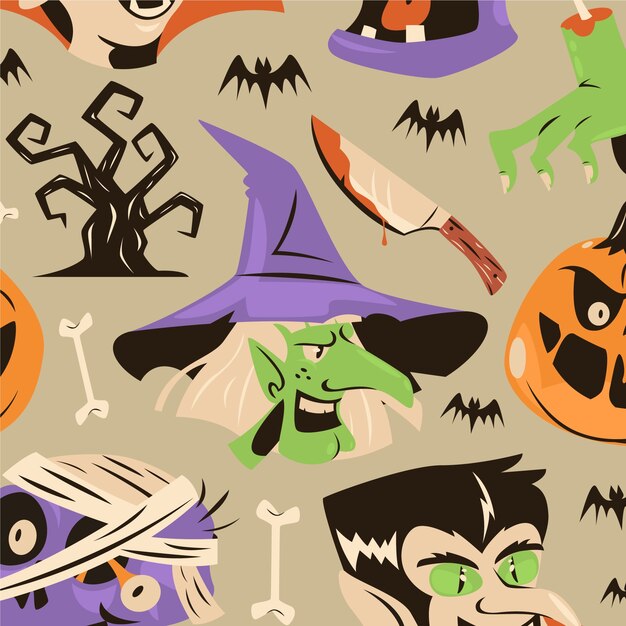 Disegno del modello vintage piatto di halloween