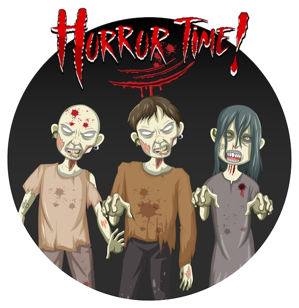 Disegno del testo Horror Time con tre zombi raccapriccianti