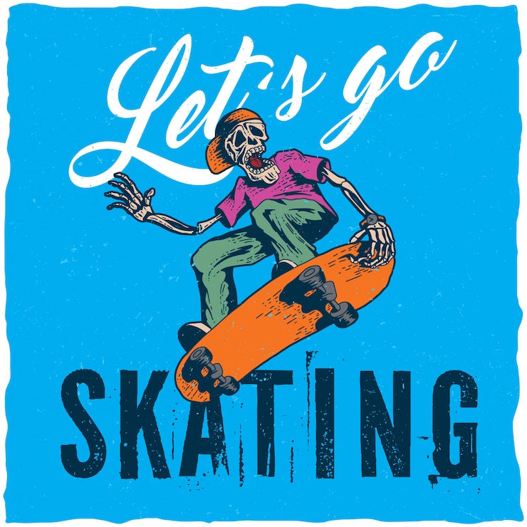 Vettore gratuito disegno dell'etichetta della maglietta di skateboard con illustrazione dello scheletro che gioca a skateboard.