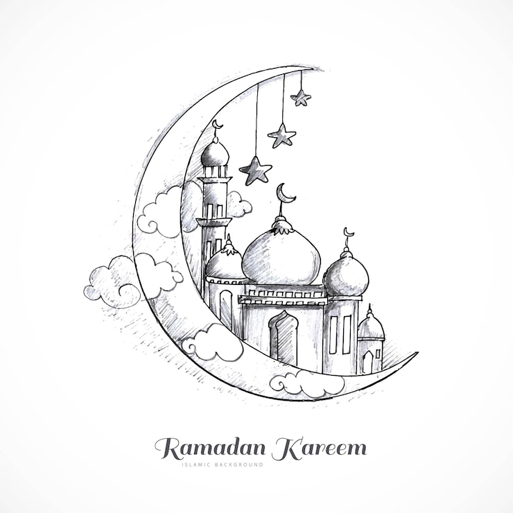 Vettore gratuito disegno della carta ramadan kareem con schizzo della luna a mano