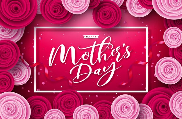 Disegno di biglietto di auguri per la festa della mamma felice con fiore di rosa e lettera tipografica su sfondo rosso