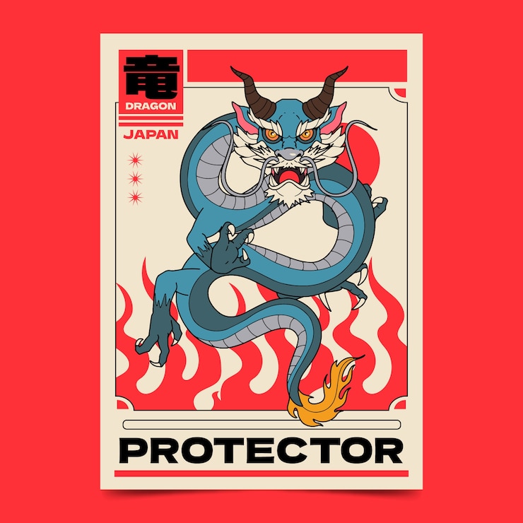 Vettore gratuito disegno di poster di drago giapponese disegnato a mano