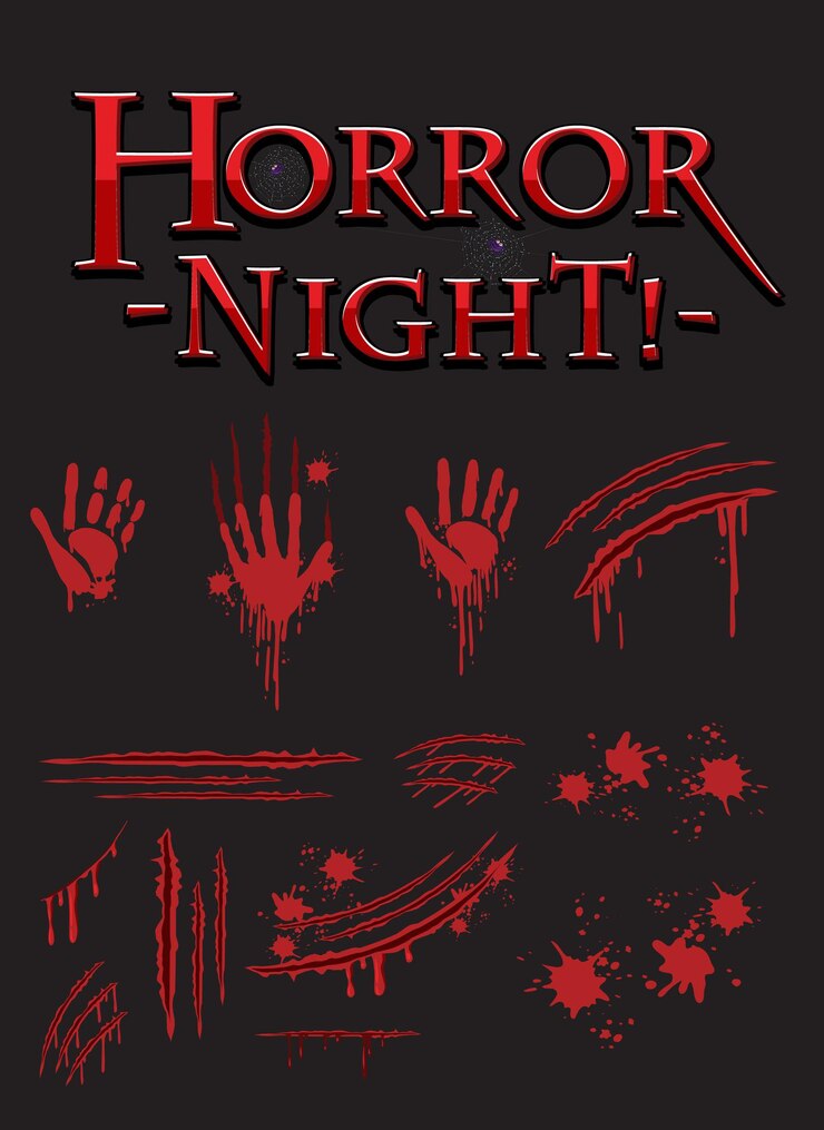 Vettore gratuito disegno di testo horror night con stampe di mani insanguinate